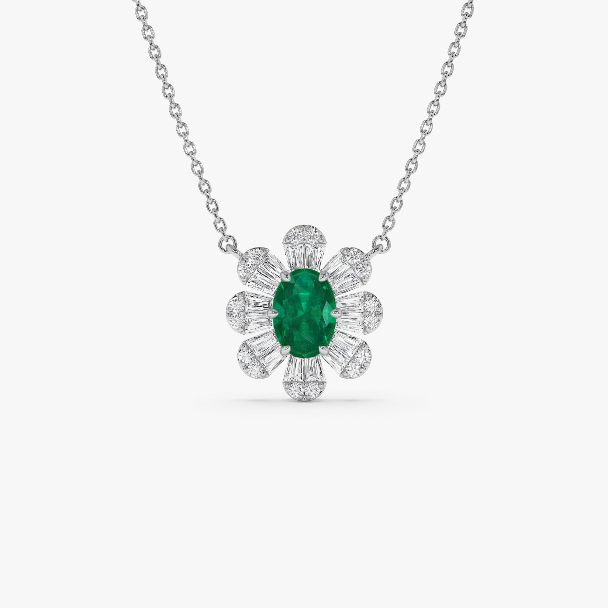 14k Oval Shape Emerald Necklace with Baguettes - GeumJewels