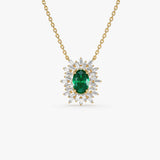 14k Oval Shape Emerald Necklace with Ballerina Baguettes - GeumJewels