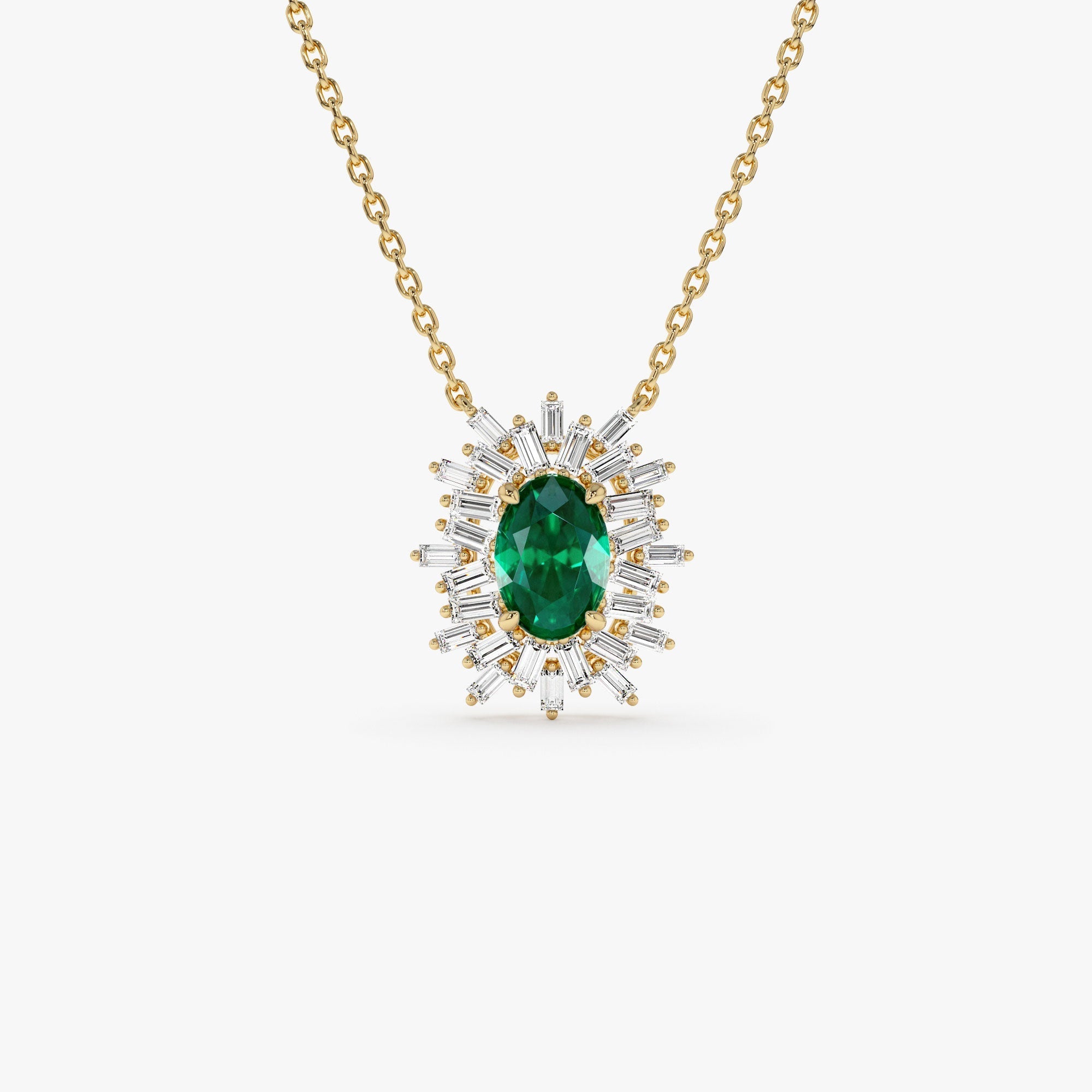14k Oval Shape Emerald Necklace with Ballerina Baguettes - GeumJewels