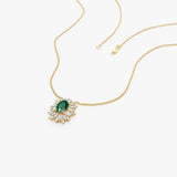 14k Oval Shape Emerald Necklace with Ballerina Baguettes - GeumJewels