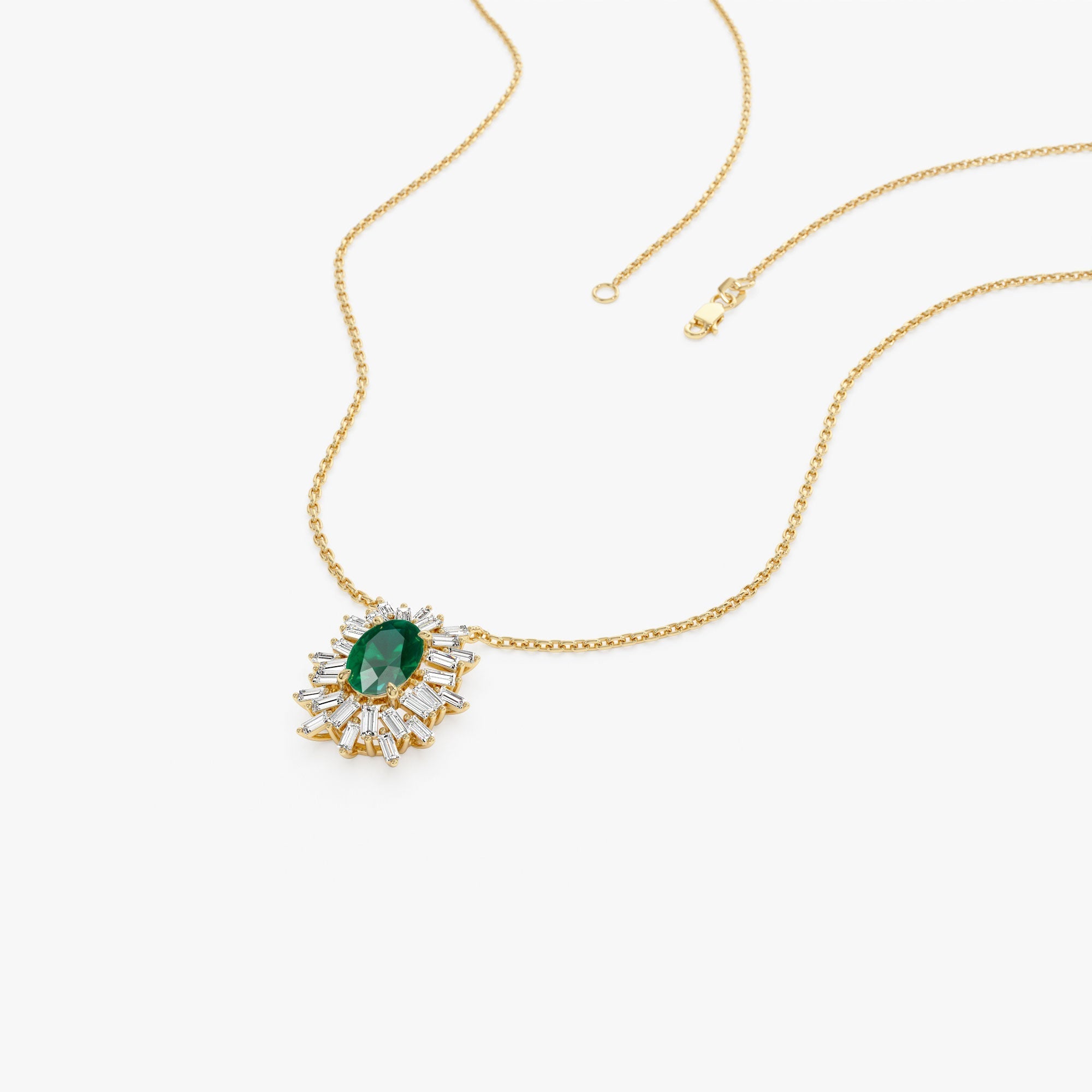 14k Oval Shape Emerald Necklace with Ballerina Baguettes - GeumJewels