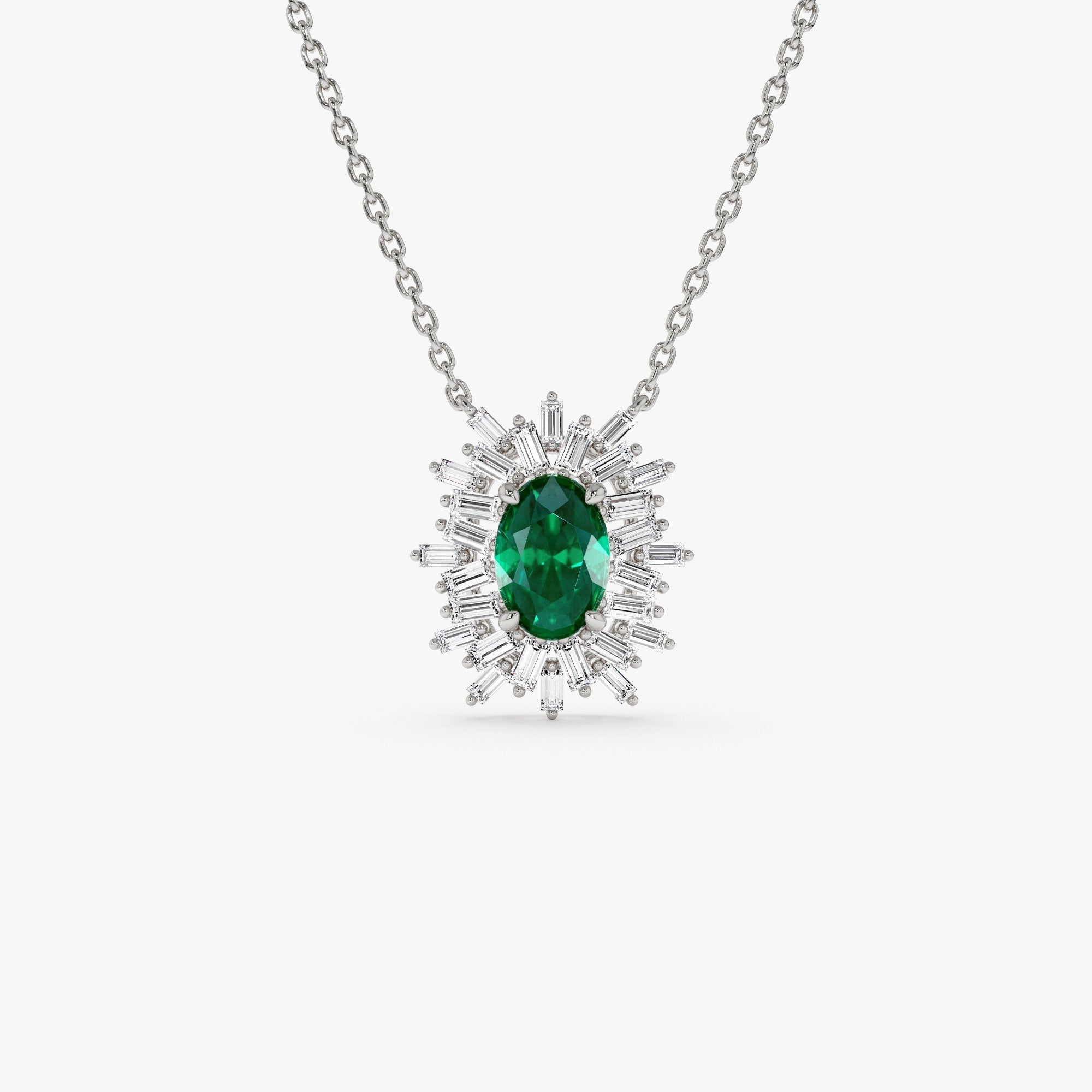 14k Oval Shape Emerald Necklace with Ballerina Baguettes - GeumJewels
