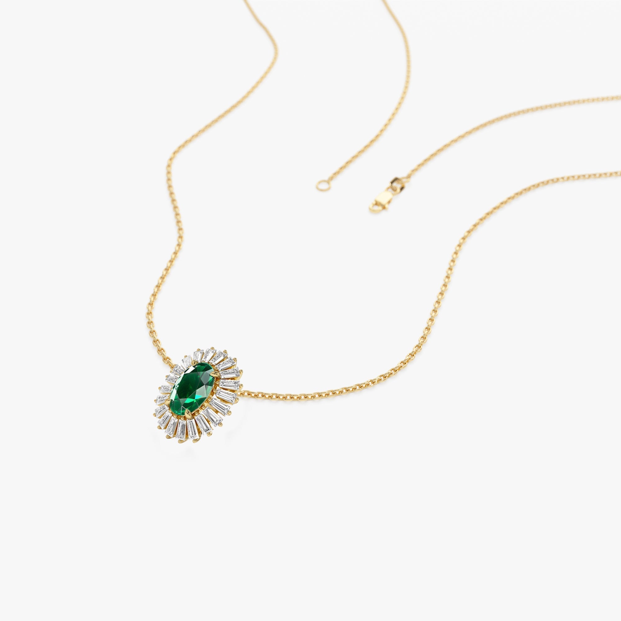 14k Oval Shape Emerald with Baguette Halo Setting Necklace - GeumJewels