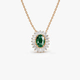 14k Oval Shape Emerald with Baguette Halo Setting Necklace - GeumJewels