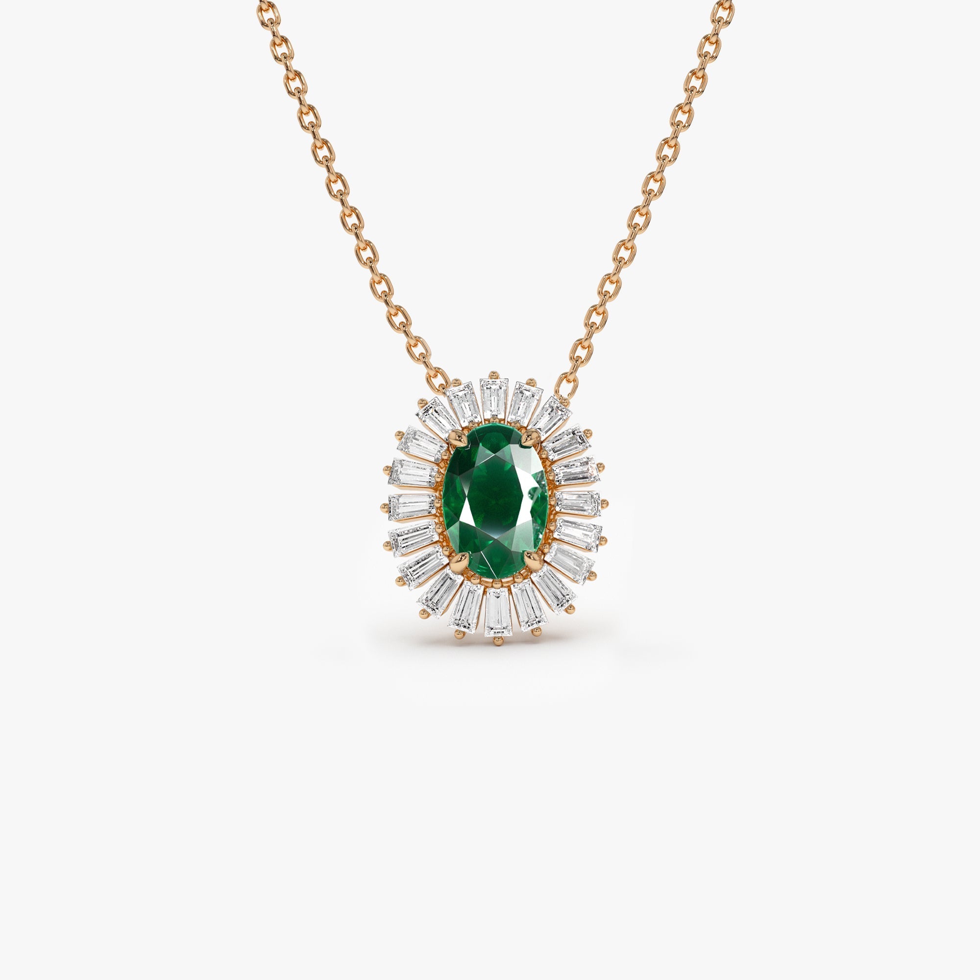 14k Oval Shape Emerald with Baguette Halo Setting Necklace - GeumJewels