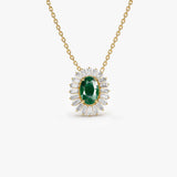 14k Oval Shape Emerald with Baguette Halo Setting Necklace - GeumJewels