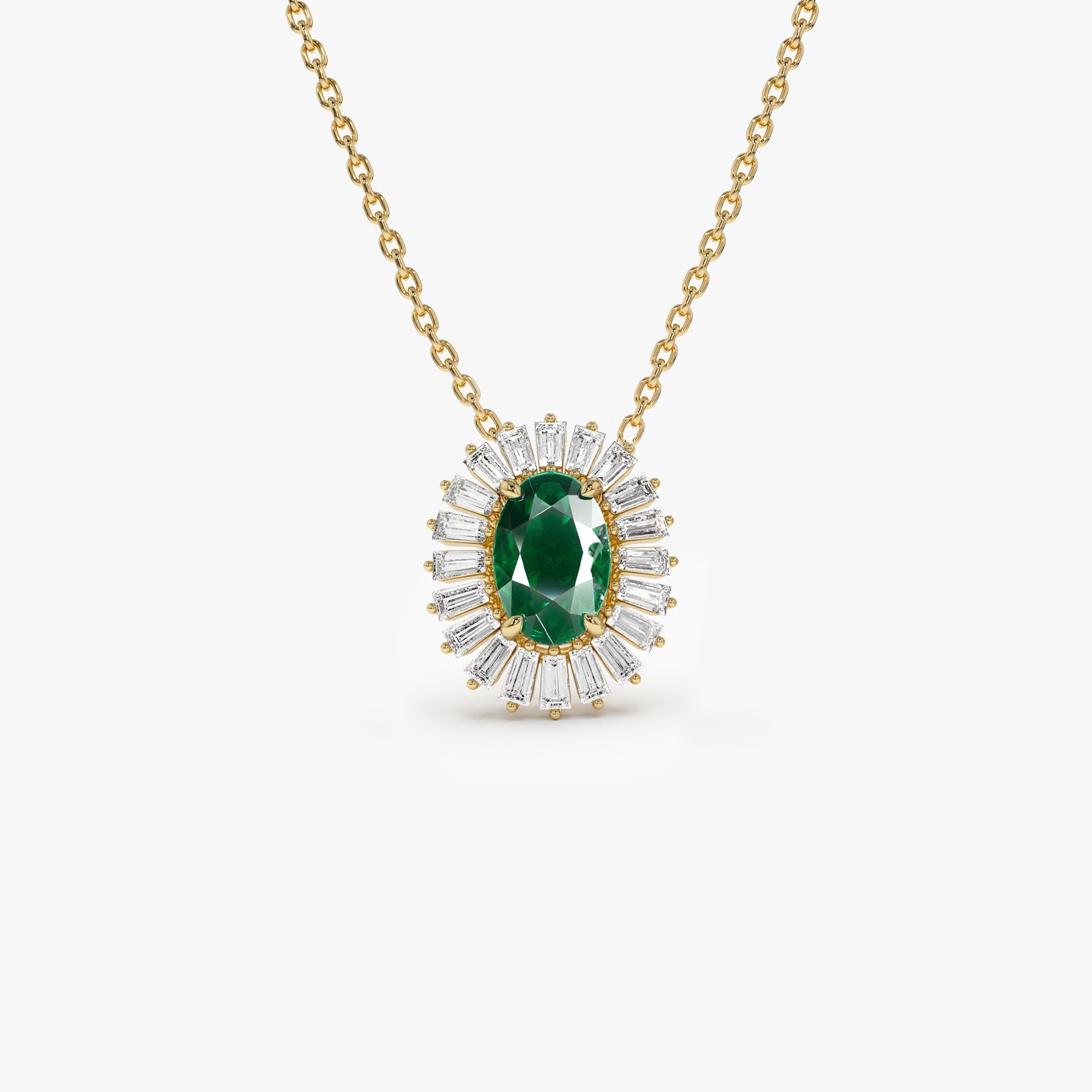 14k Oval Shape Emerald with Baguette Halo Setting Necklace - GeumJewels