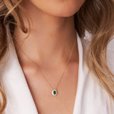 14k Oval Shape Emerald with Baguette Halo Setting Necklace - GeumJewels
