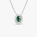14k Oval Shape Emerald with Baguette Halo Setting Necklace - GeumJewels