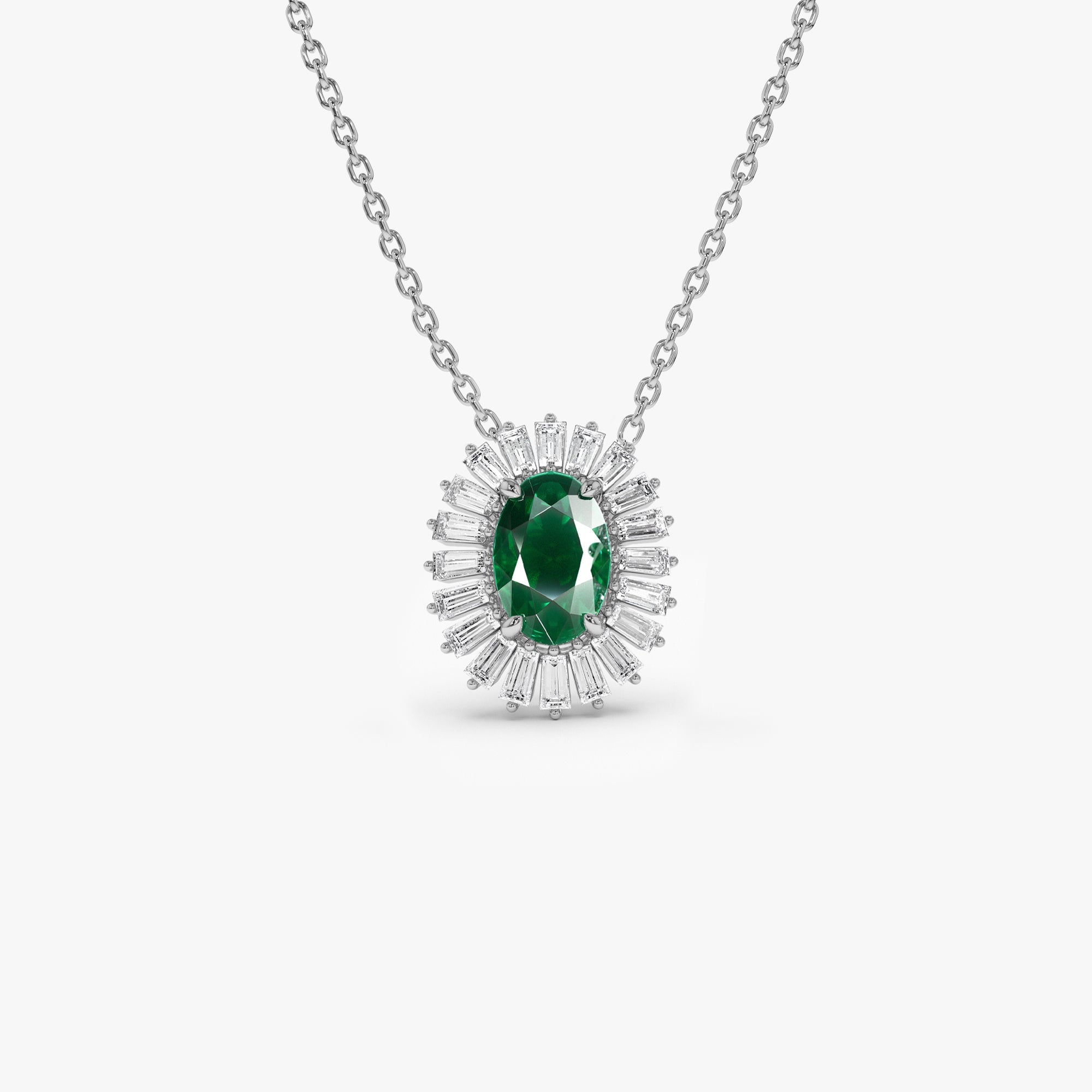 14k Oval Shape Emerald with Baguette Halo Setting Necklace - GeumJewels