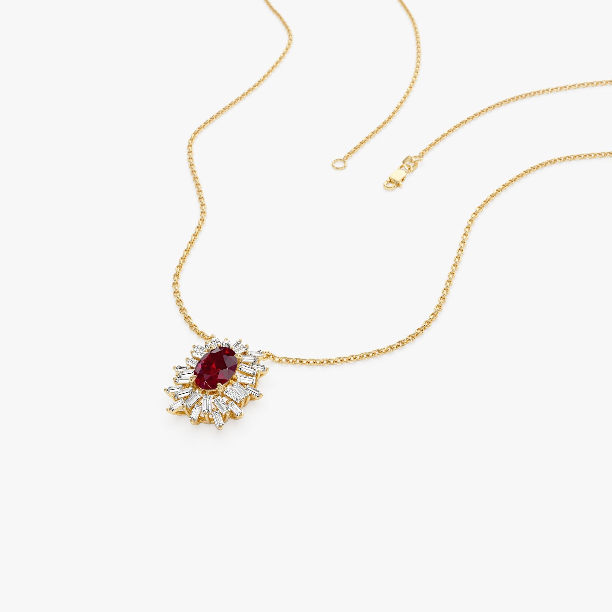14k Oval Shape Ruby Necklace with Ballerina Baguettes - GeumJewels
