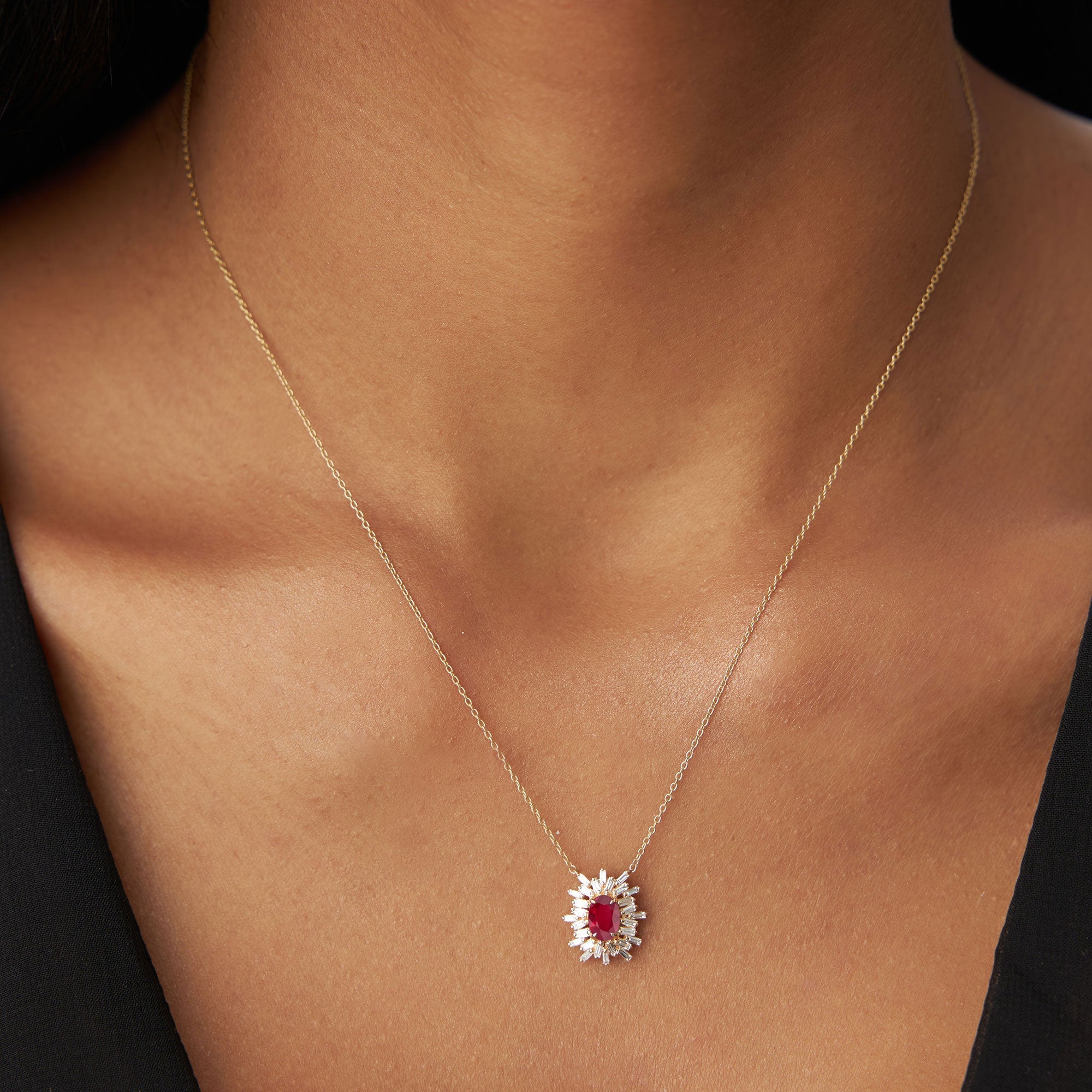 14k Oval Shape Ruby Necklace with Ballerina Baguettes - GeumJewels
