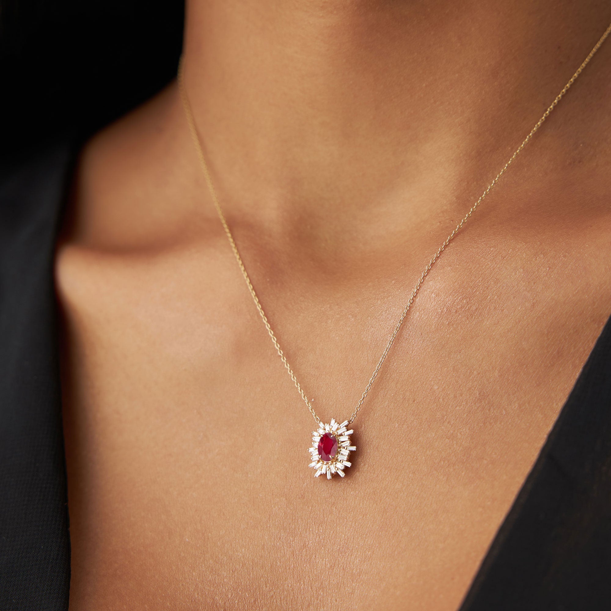 14k Oval Shape Ruby Necklace with Ballerina Baguettes - GeumJewels
