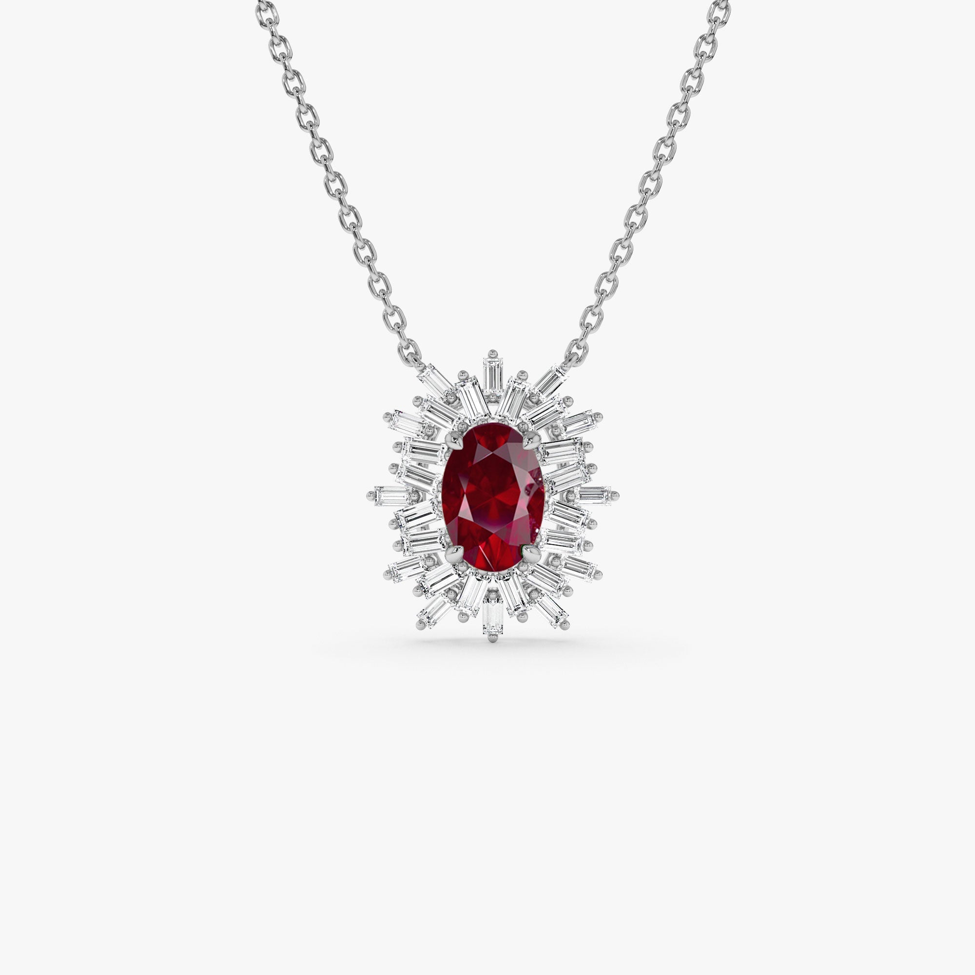 14k Oval Shape Ruby Necklace with Ballerina Baguettes - GeumJewels