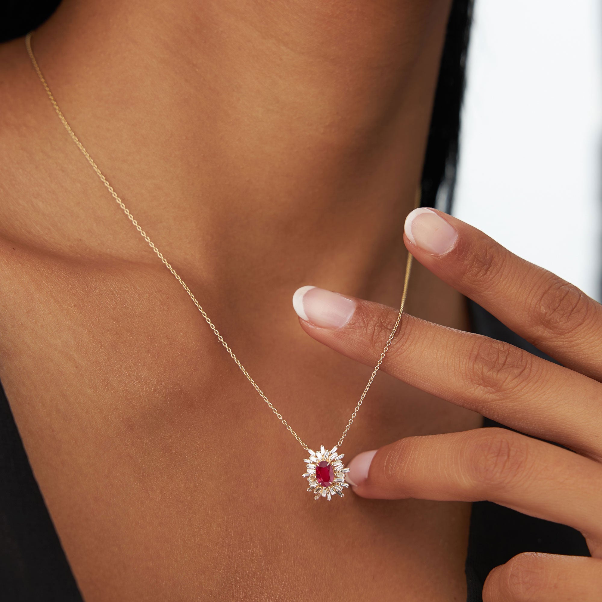 14k Oval Shape Ruby Necklace with Ballerina Baguettes - GeumJewels