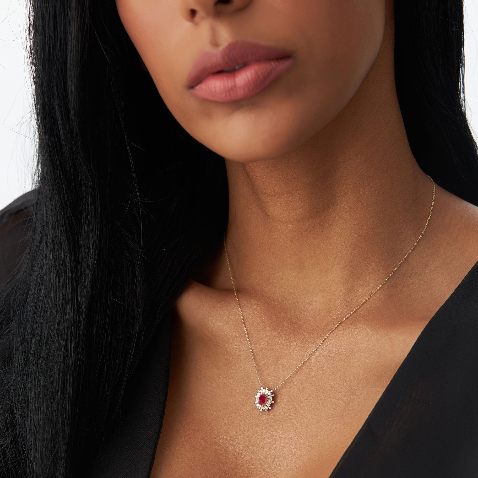 14k Oval Shape Ruby Necklace with Ballerina Baguettes - GeumJewels