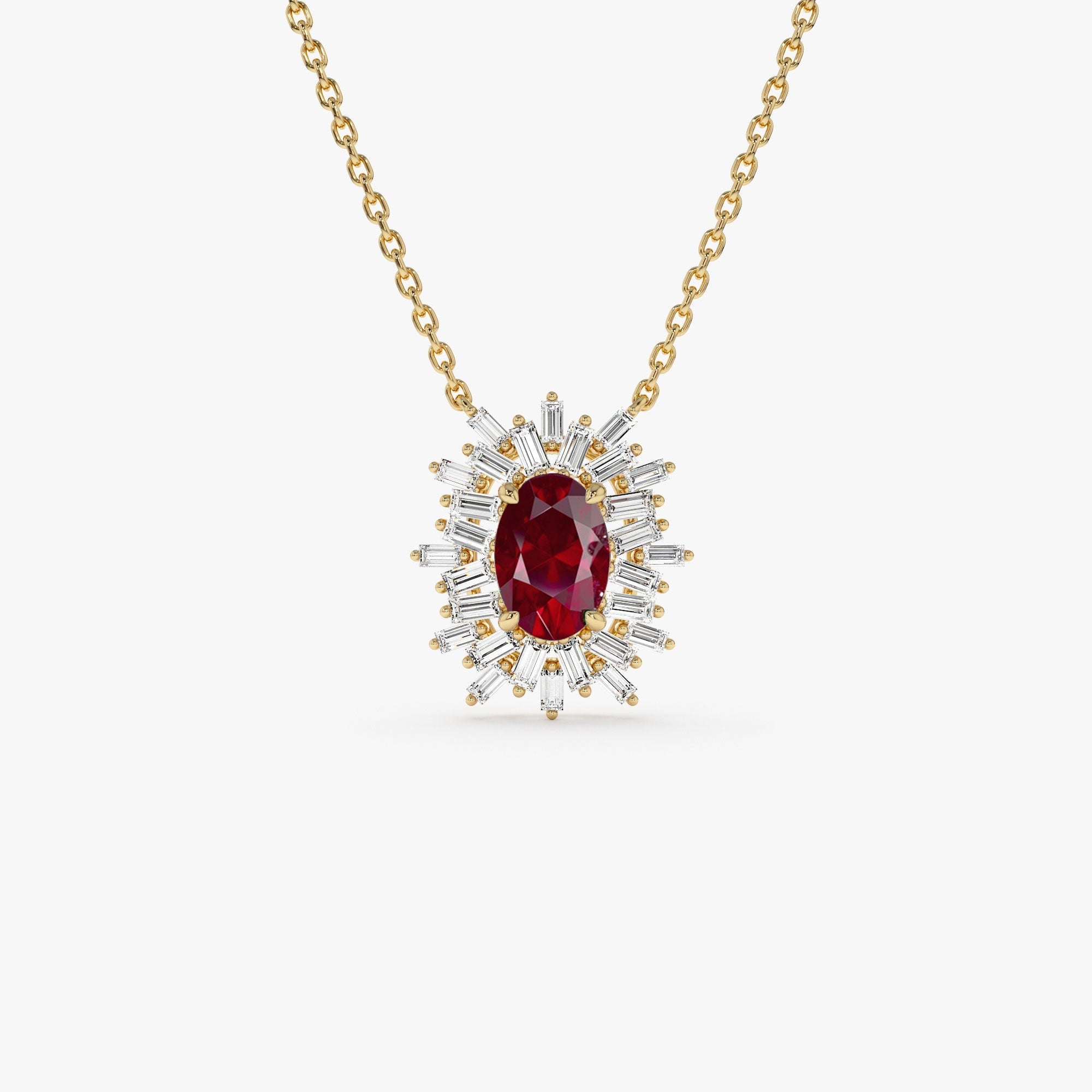 14k Oval Shape Ruby Necklace with Ballerina Baguettes - GeumJewels