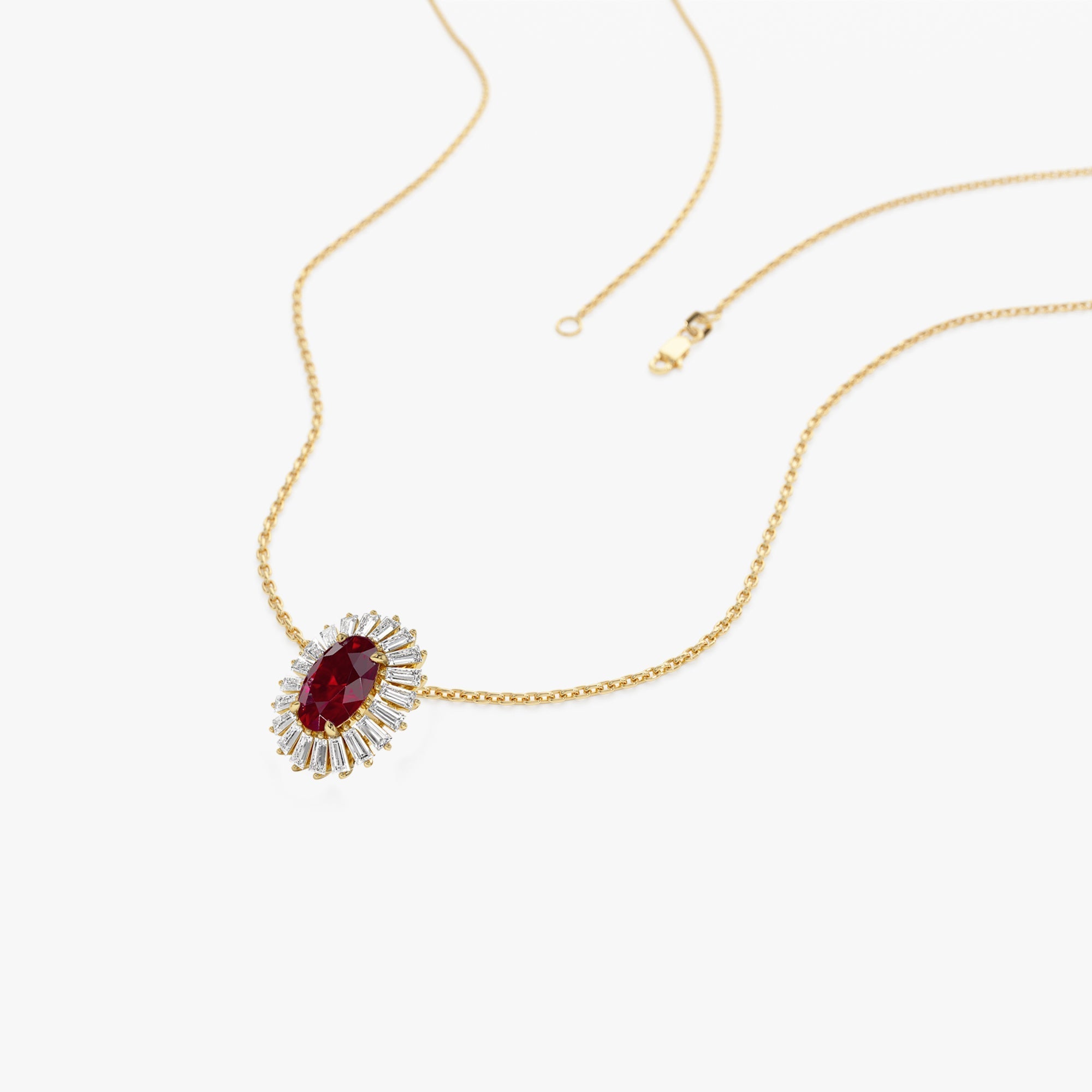 14k Oval Shape Ruby with Baguette Halo Setting Necklace - GeumJewels
