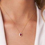 14k Oval Shape Ruby with Baguette Halo Setting Necklace - GeumJewels