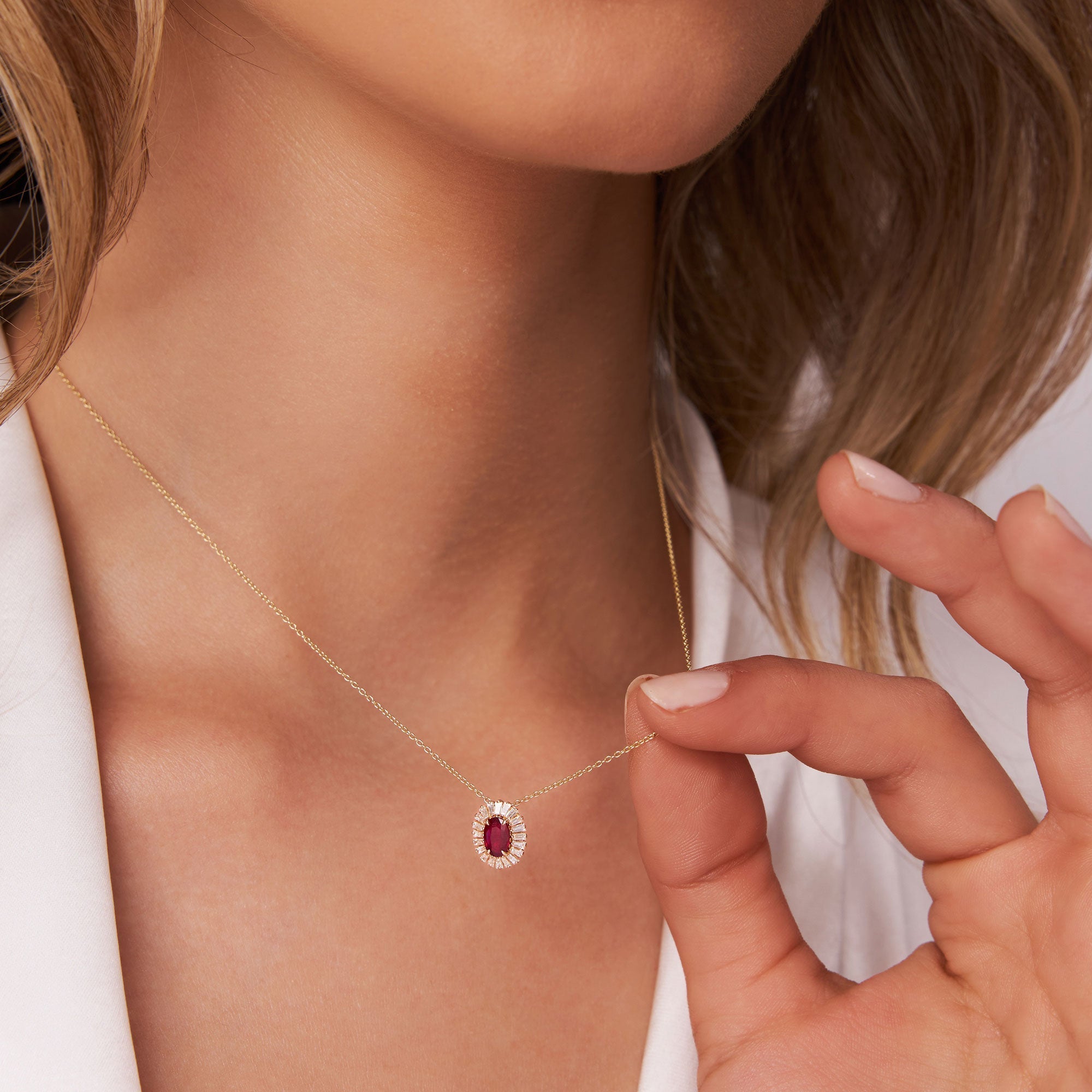14k Oval Shape Ruby with Baguette Halo Setting Necklace - GeumJewels