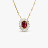 14k Oval Shape Ruby with Baguette Halo Setting Necklace - GeumJewels