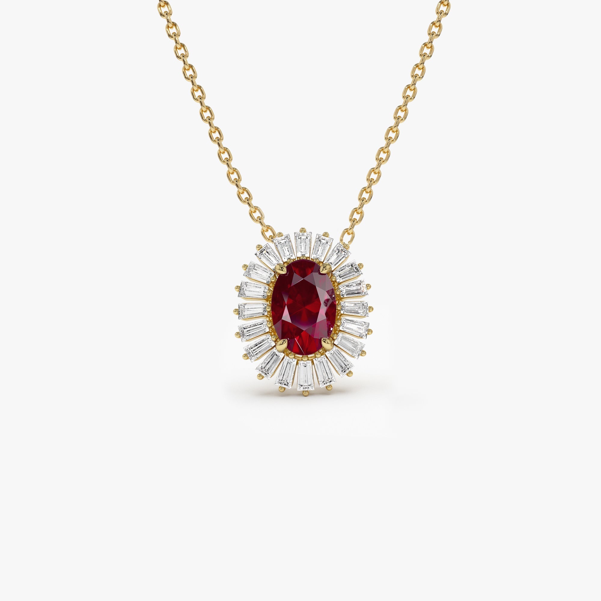 14k Oval Shape Ruby with Baguette Halo Setting Necklace - GeumJewels
