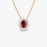14k Oval Shape Ruby with Baguette Halo Setting Necklace - GeumJewels