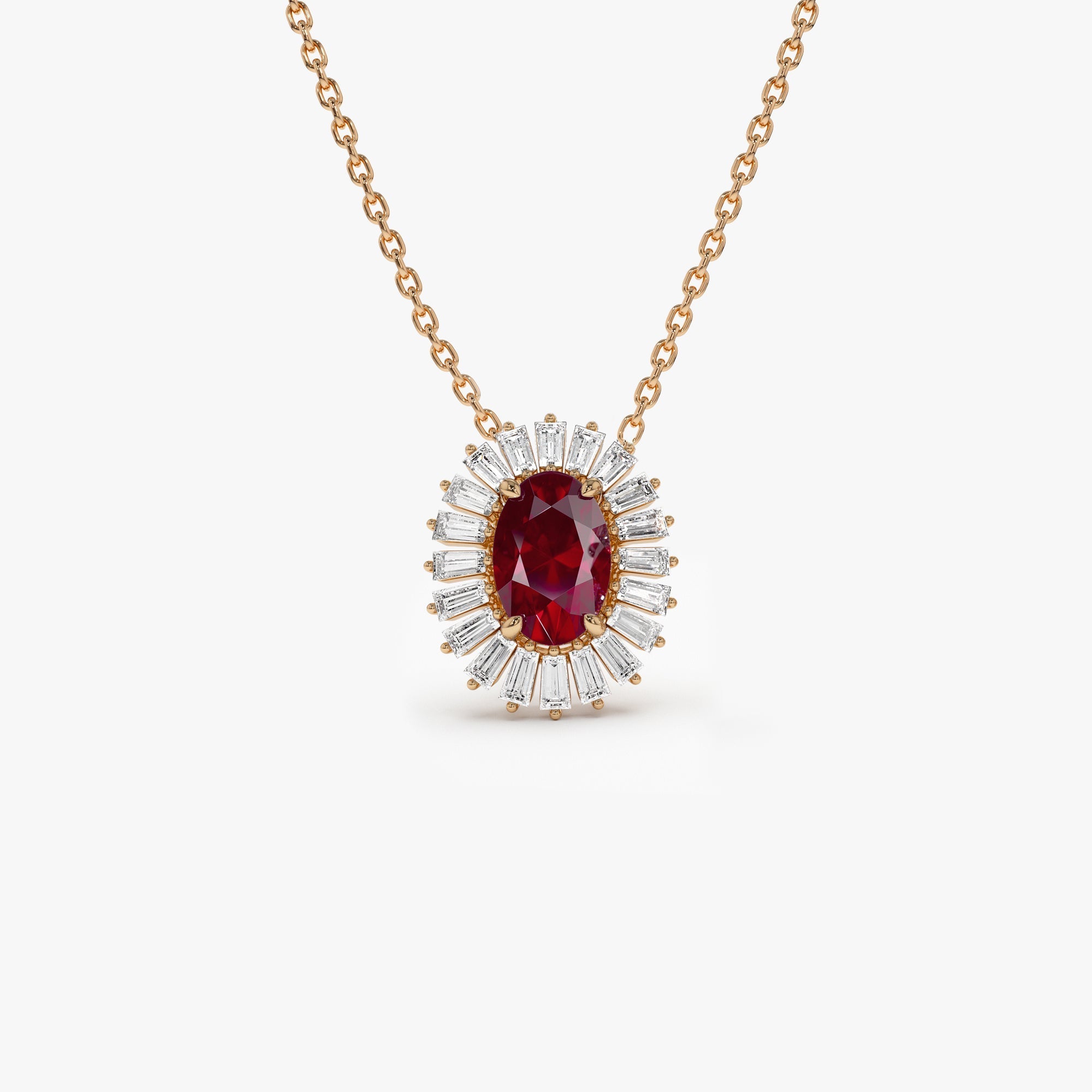 14k Oval Shape Ruby with Baguette Halo Setting Necklace - GeumJewels