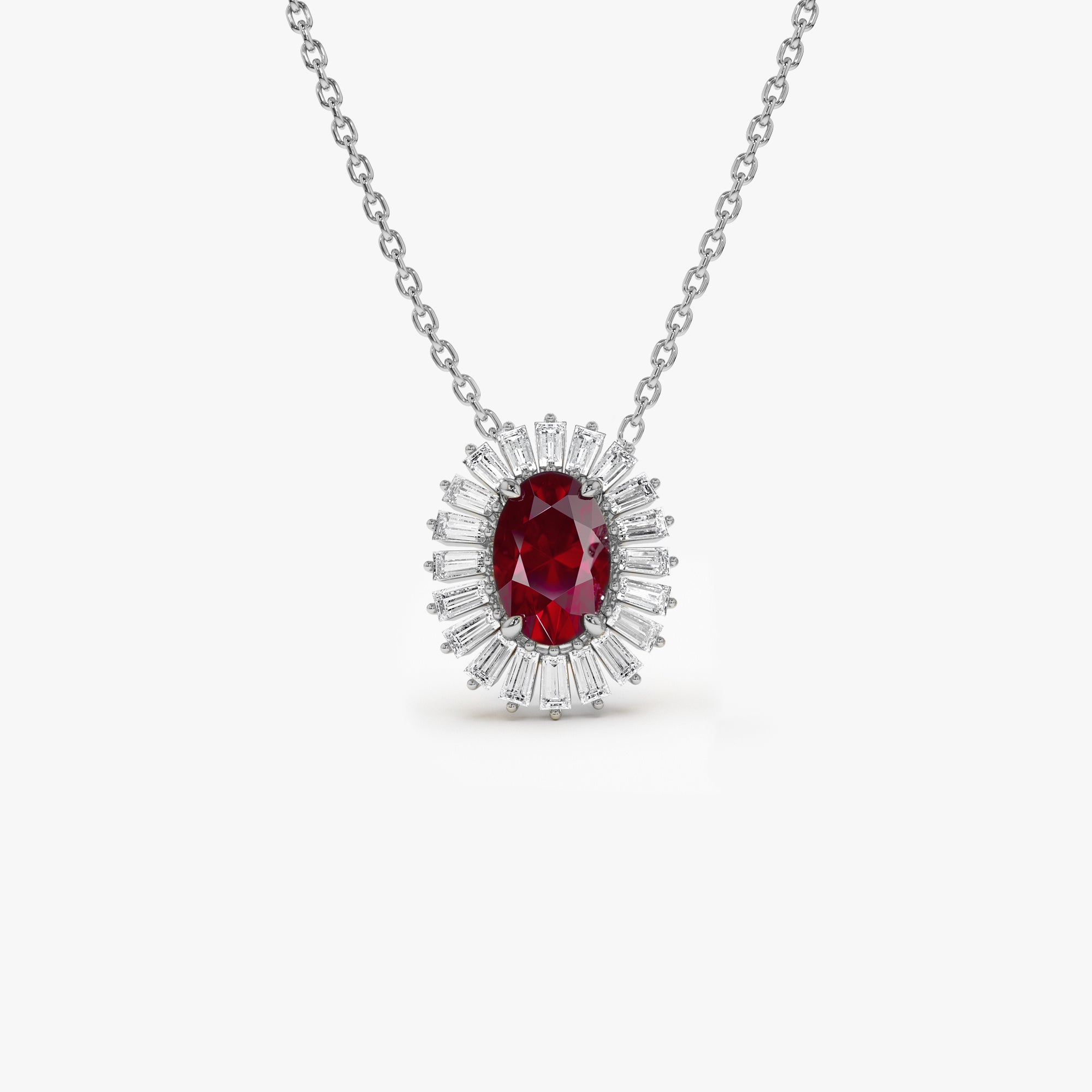 14k Oval Shape Ruby with Baguette Halo Setting Necklace - GeumJewels