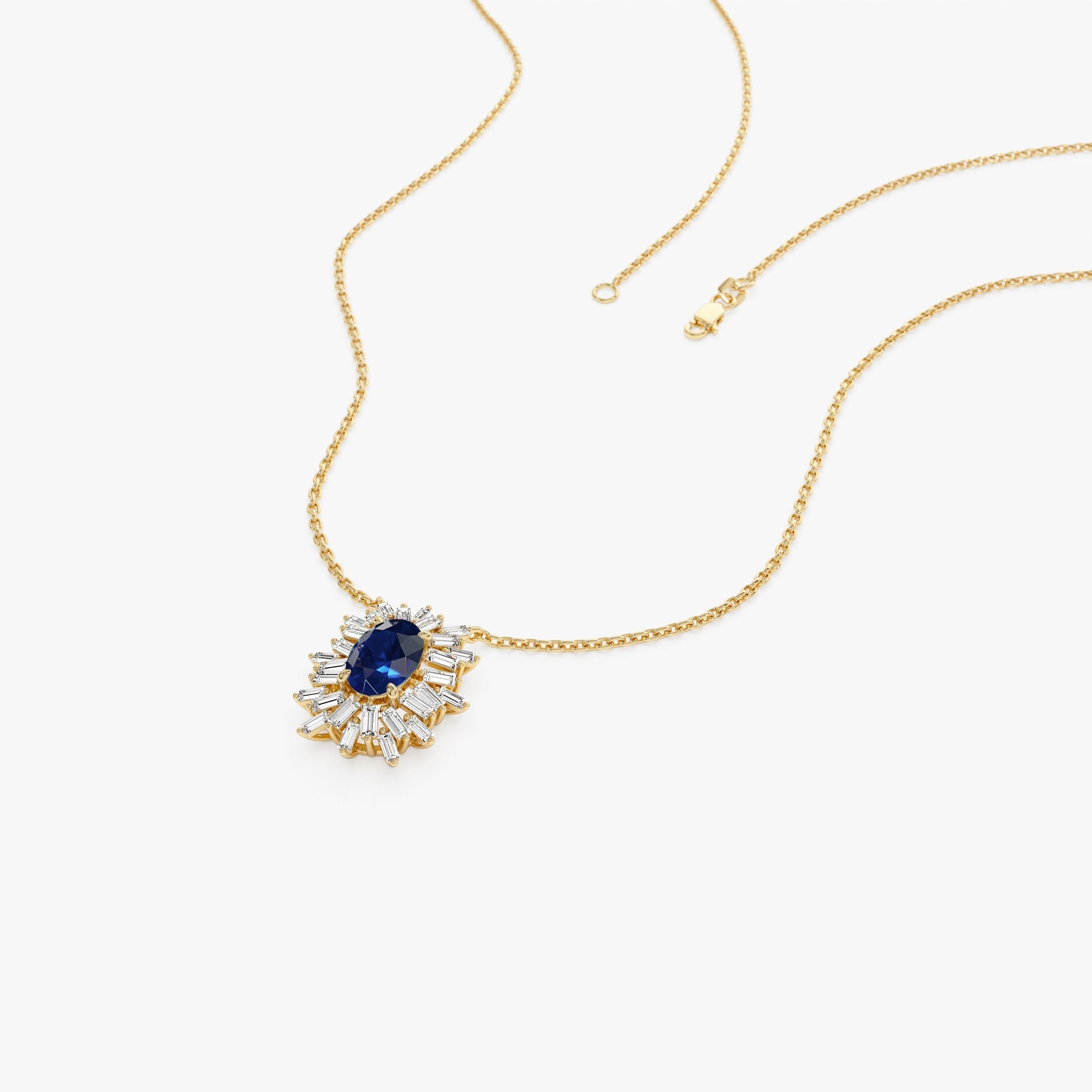 14k Oval Shape Sapphire Necklace with Ballerina Baguettes - GeumJewels
