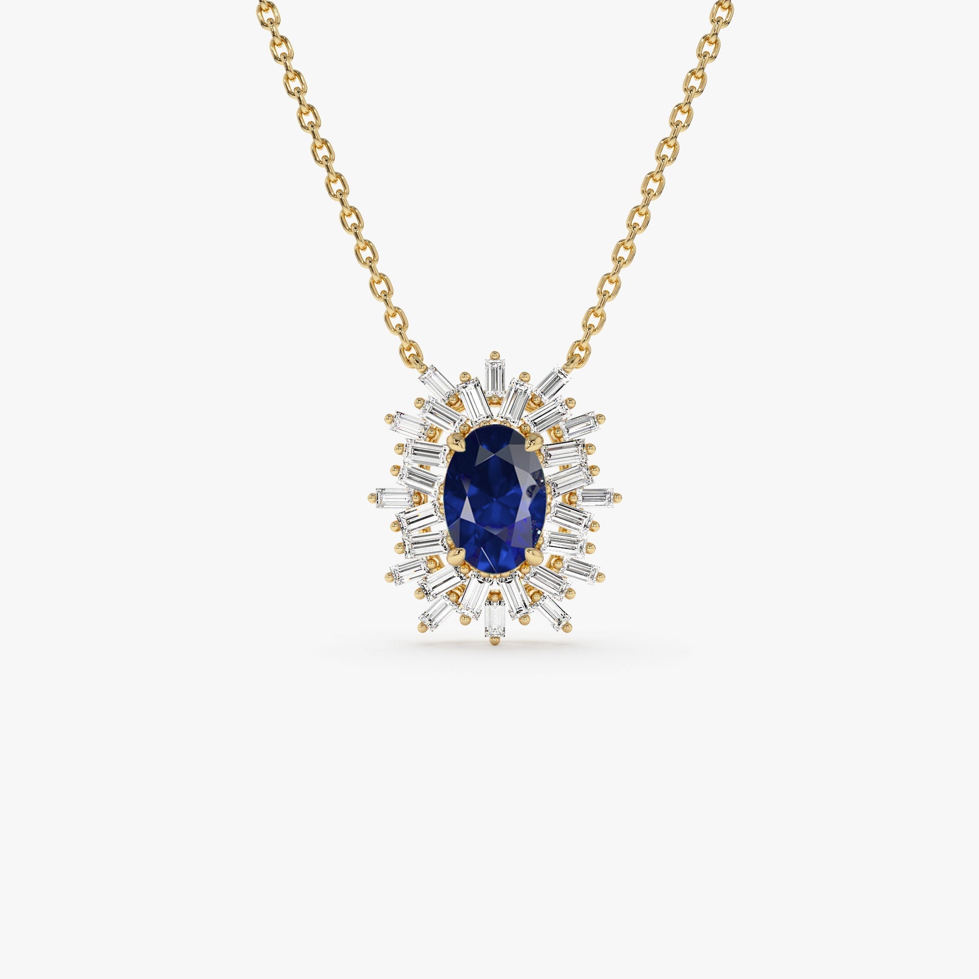 14k Oval Shape Sapphire Necklace with Ballerina Baguettes - GeumJewels