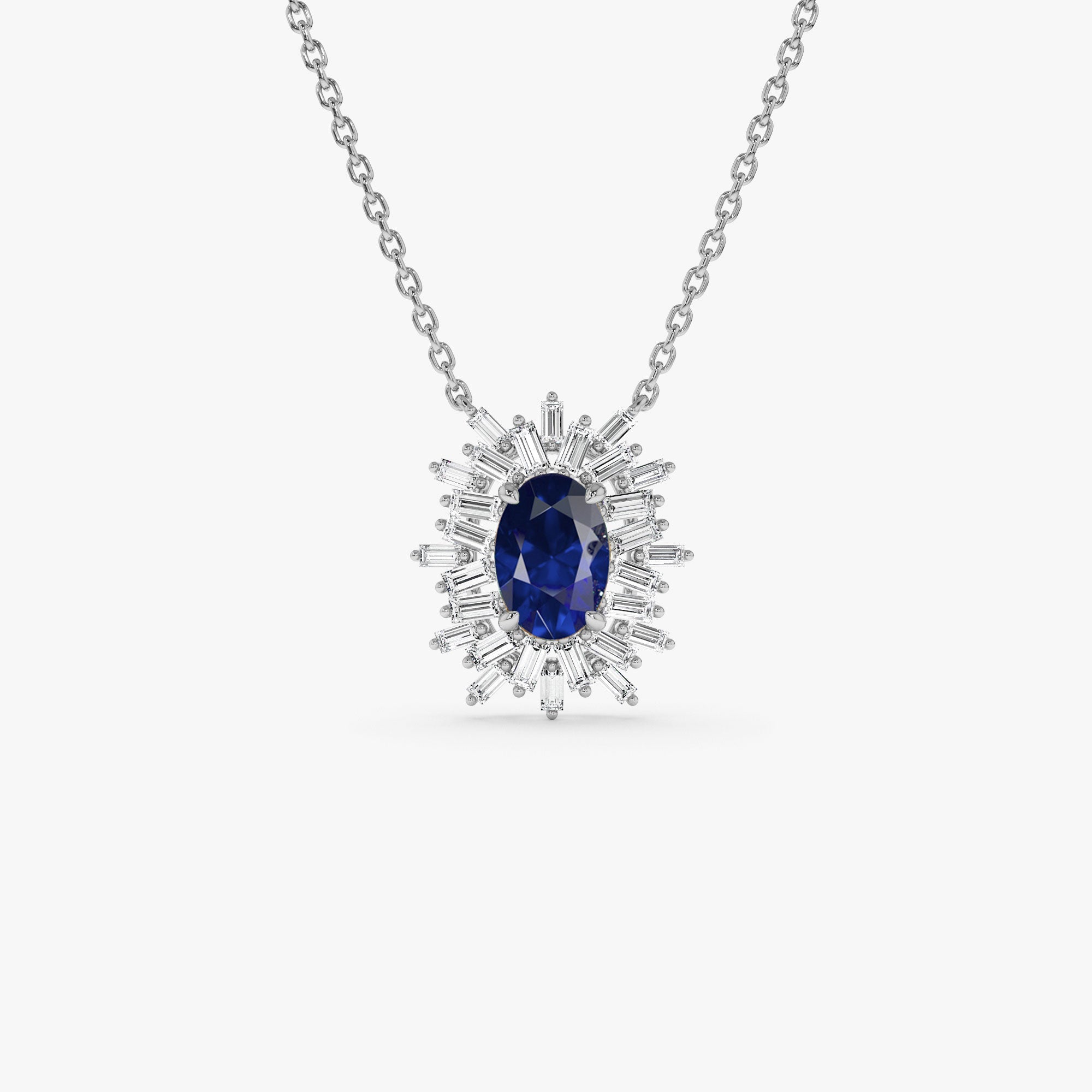 14k Oval Shape Sapphire Necklace with Ballerina Baguettes - GeumJewels