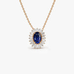 14k Oval Shape Sapphire with Baguette Halo Setting Necklace - GeumJewels