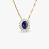 14k Oval Shape Sapphire with Baguette Halo Setting Necklace - GeumJewels