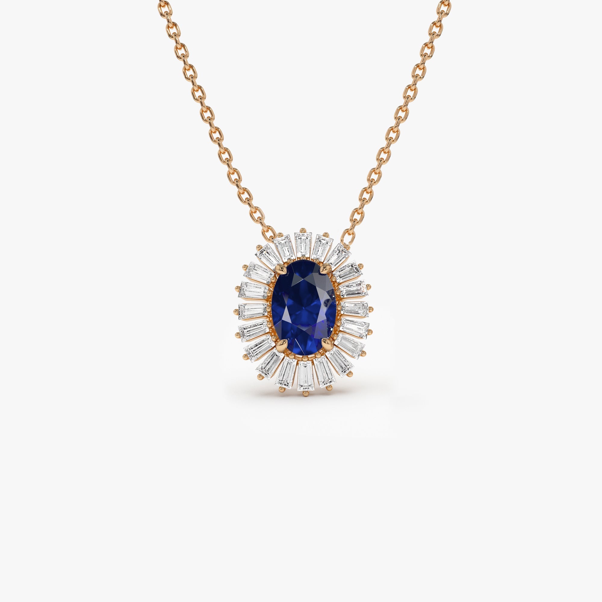 14k Oval Shape Sapphire with Baguette Halo Setting Necklace - GeumJewels