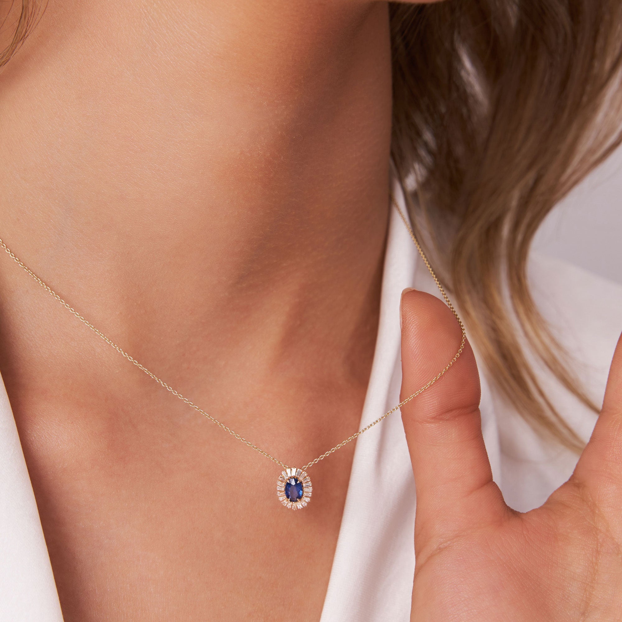 14k Oval Shape Sapphire with Baguette Halo Setting Necklace - GeumJewels