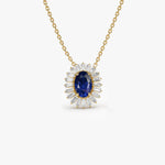 14k Oval Shape Sapphire with Baguette Halo Setting Necklace - GeumJewels