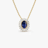 14k Oval Shape Sapphire with Baguette Halo Setting Necklace - GeumJewels