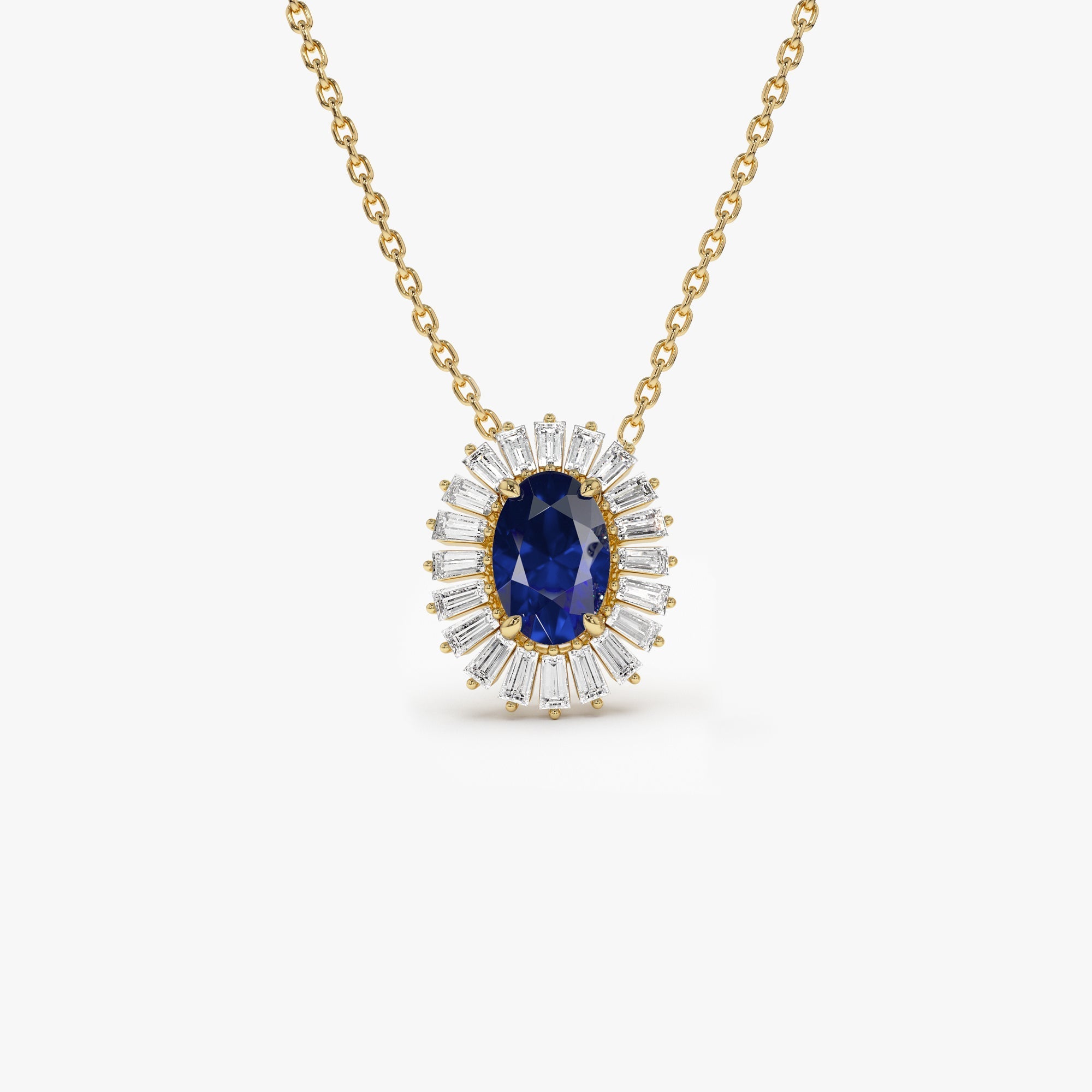 14k Oval Shape Sapphire with Baguette Halo Setting Necklace - GeumJewels