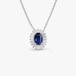 14k Oval Shape Sapphire with Baguette Halo Setting Necklace - GeumJewels