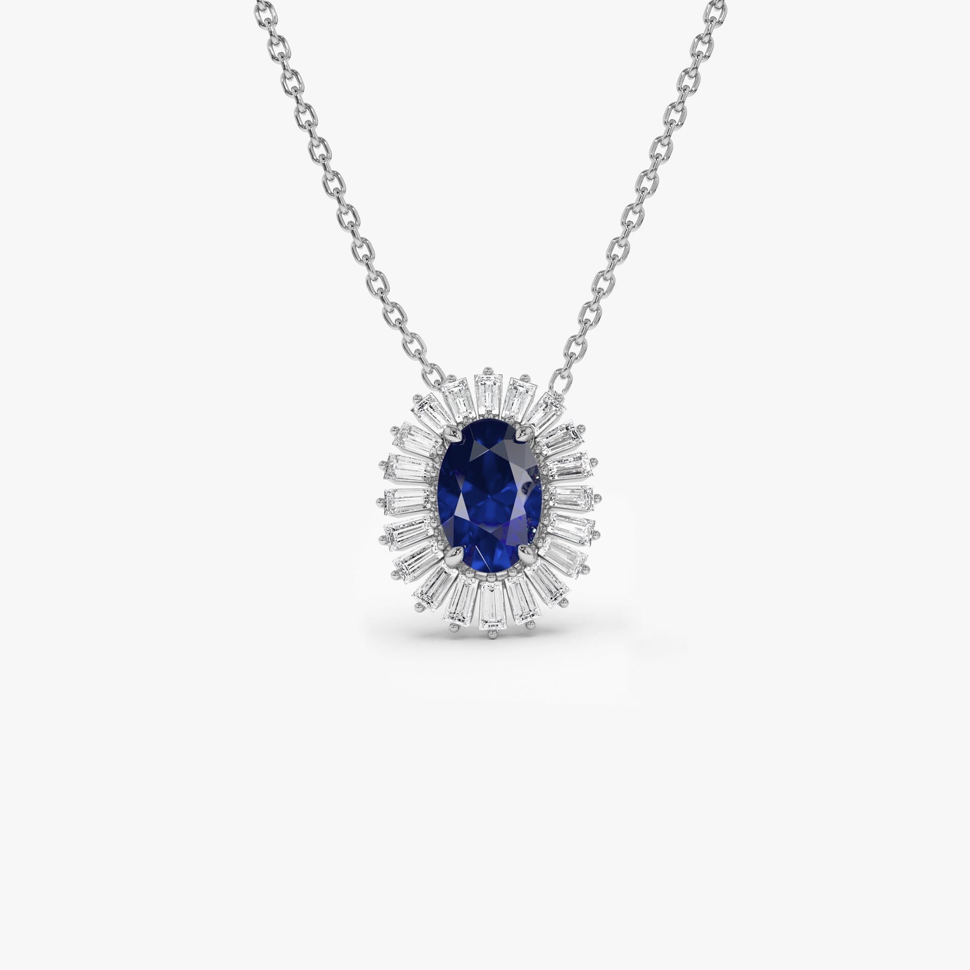 14k Oval Shape Sapphire with Baguette Halo Setting Necklace - GeumJewels