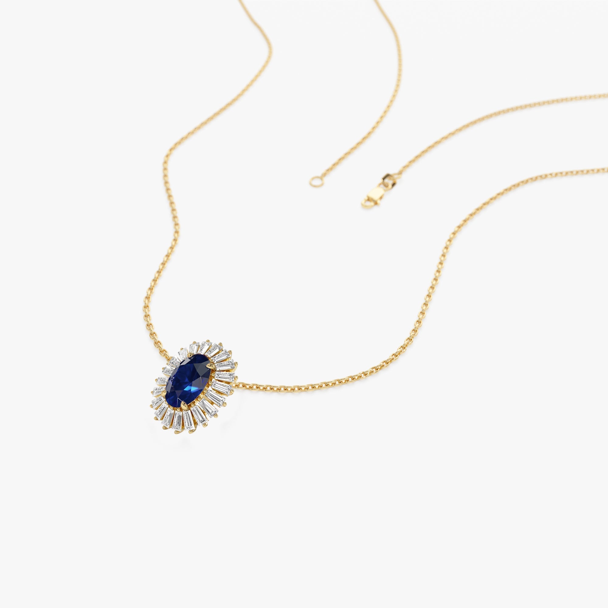 14k Oval Shape Sapphire with Baguette Halo Setting Necklace - GeumJewels