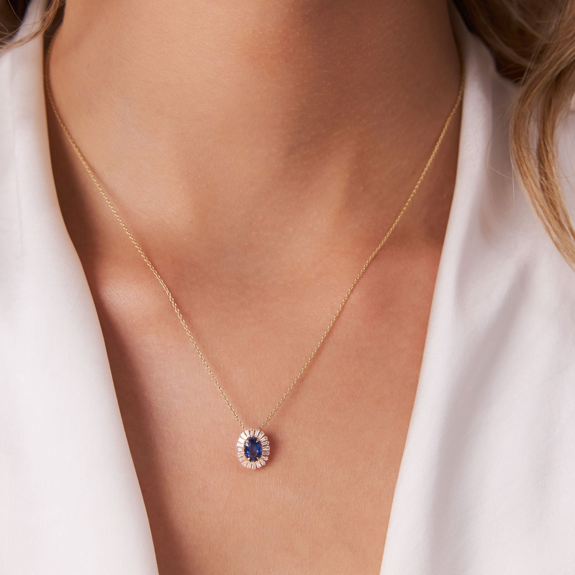 14k Oval Shape Sapphire with Baguette Halo Setting Necklace - GeumJewels