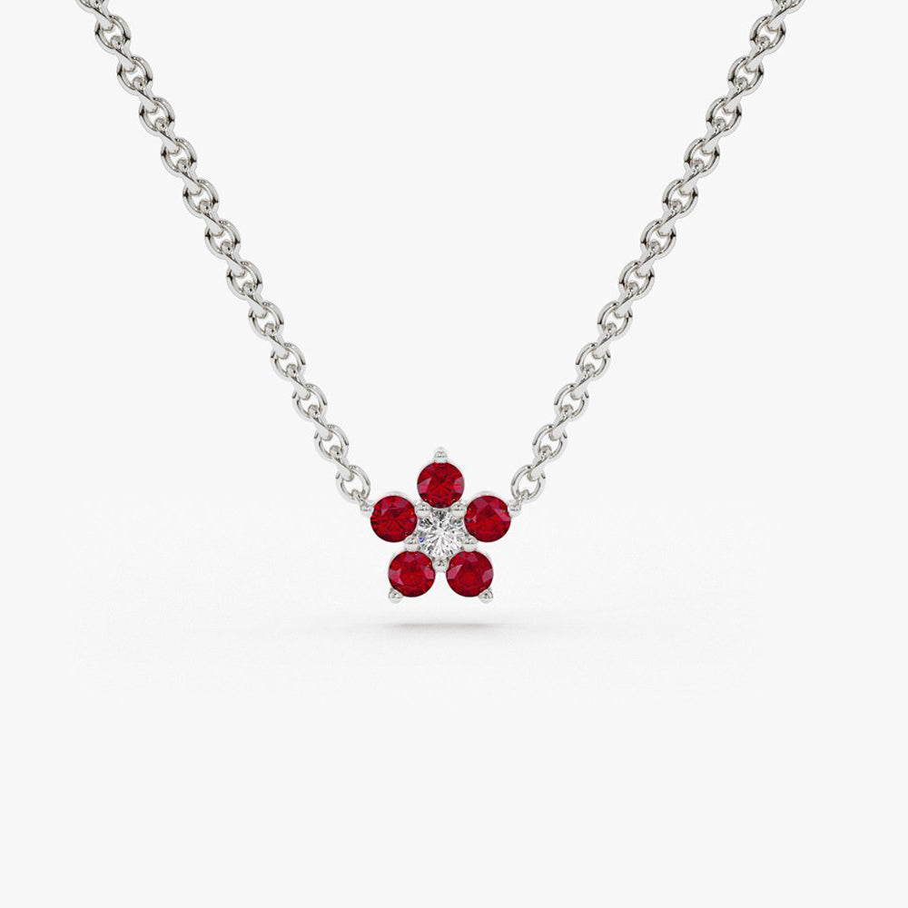 14K Ruby and Diamond Flower Charm Necklace - GeumJewels