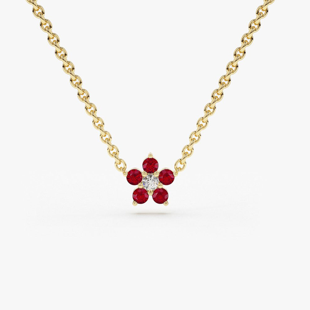 14K Ruby and Diamond Flower Charm Necklace - GeumJewels