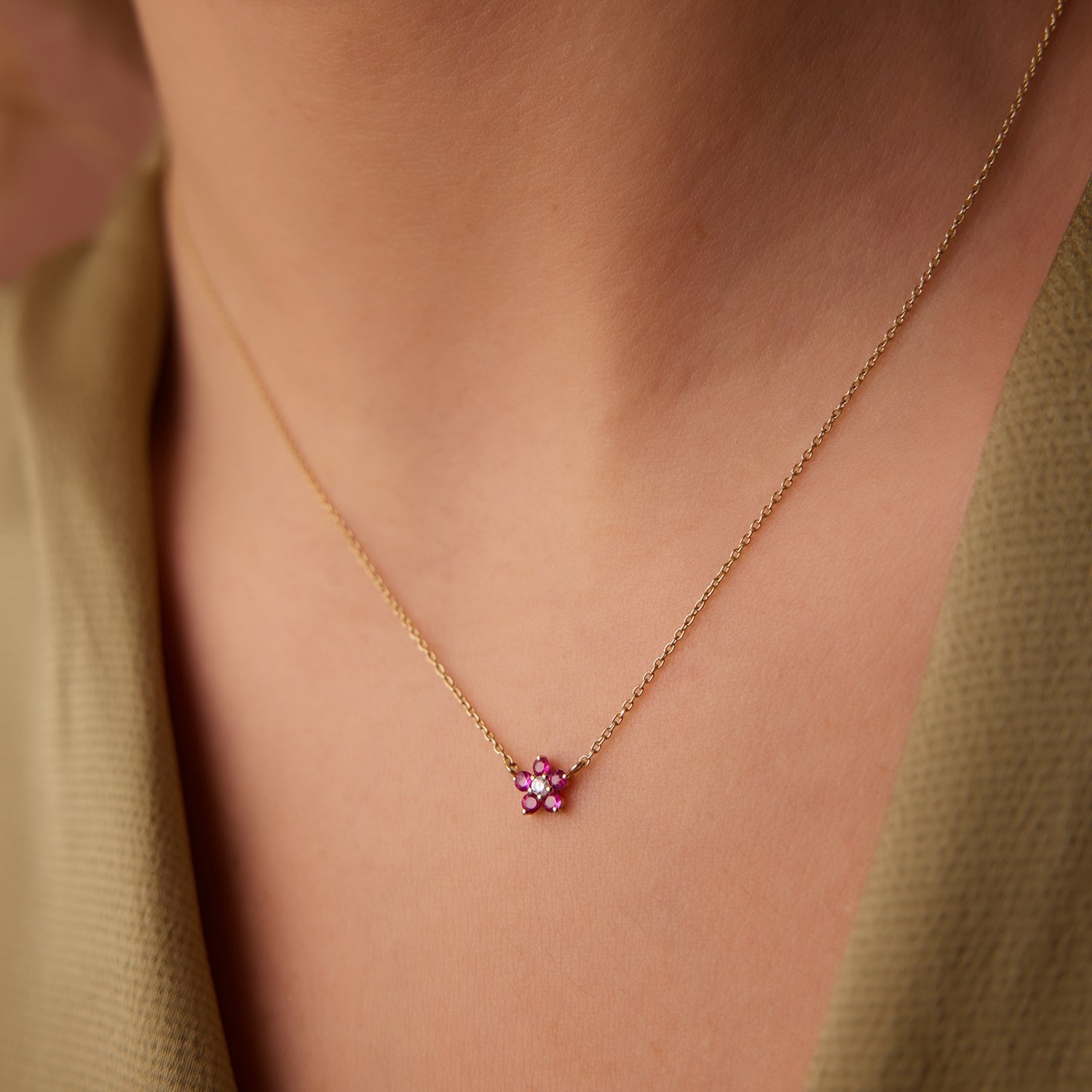 14K Ruby and Diamond Flower Charm Necklace - GeumJewels
