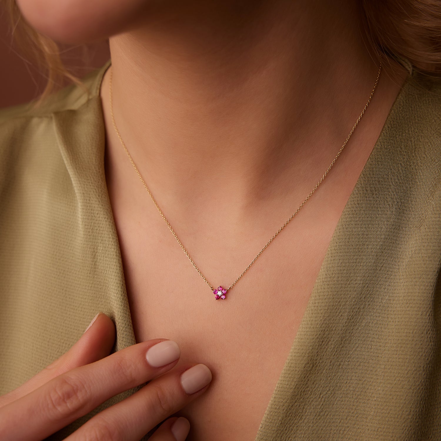 14K Ruby and Diamond Flower Charm Necklace - GeumJewels