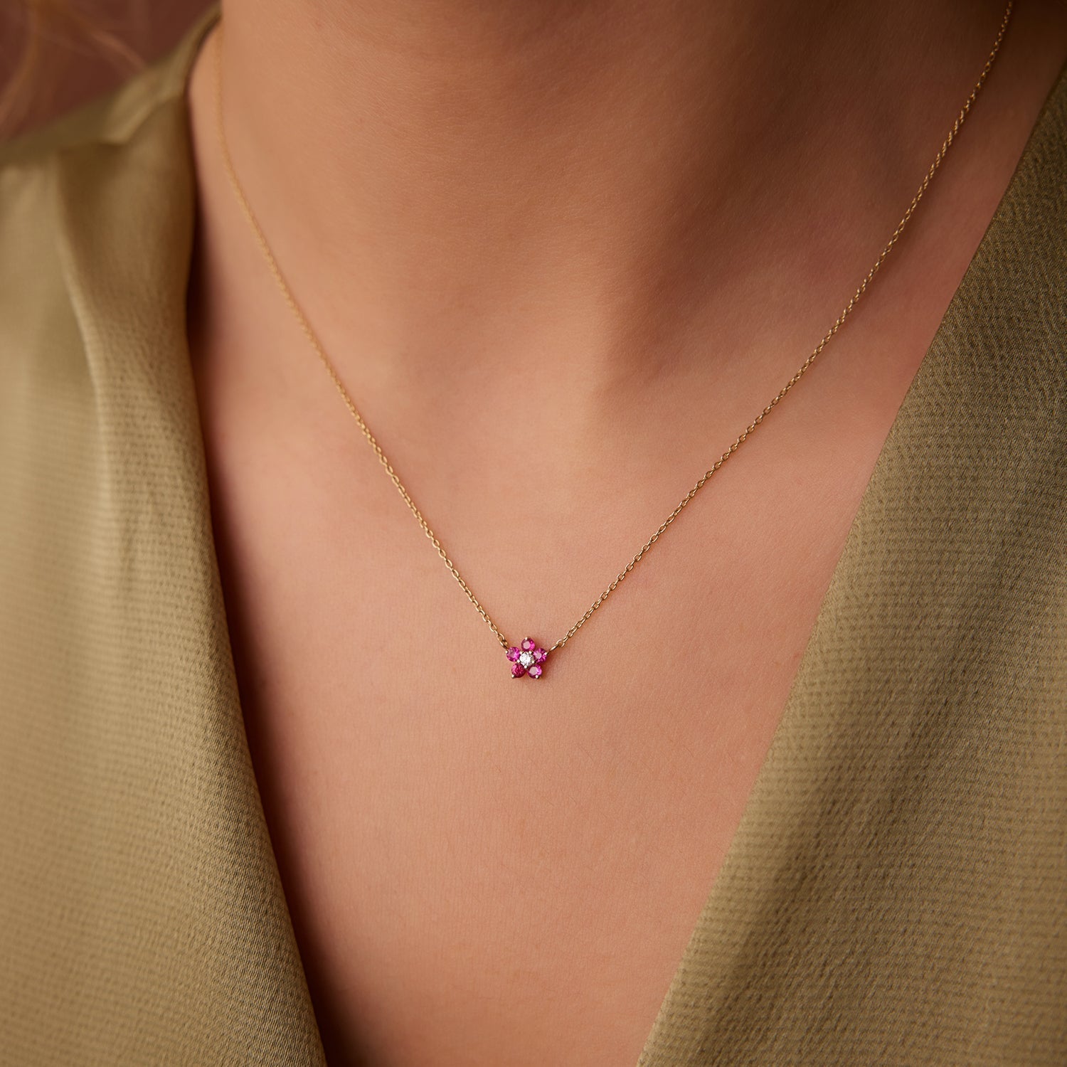 14K Ruby and Diamond Flower Charm Necklace - GeumJewels