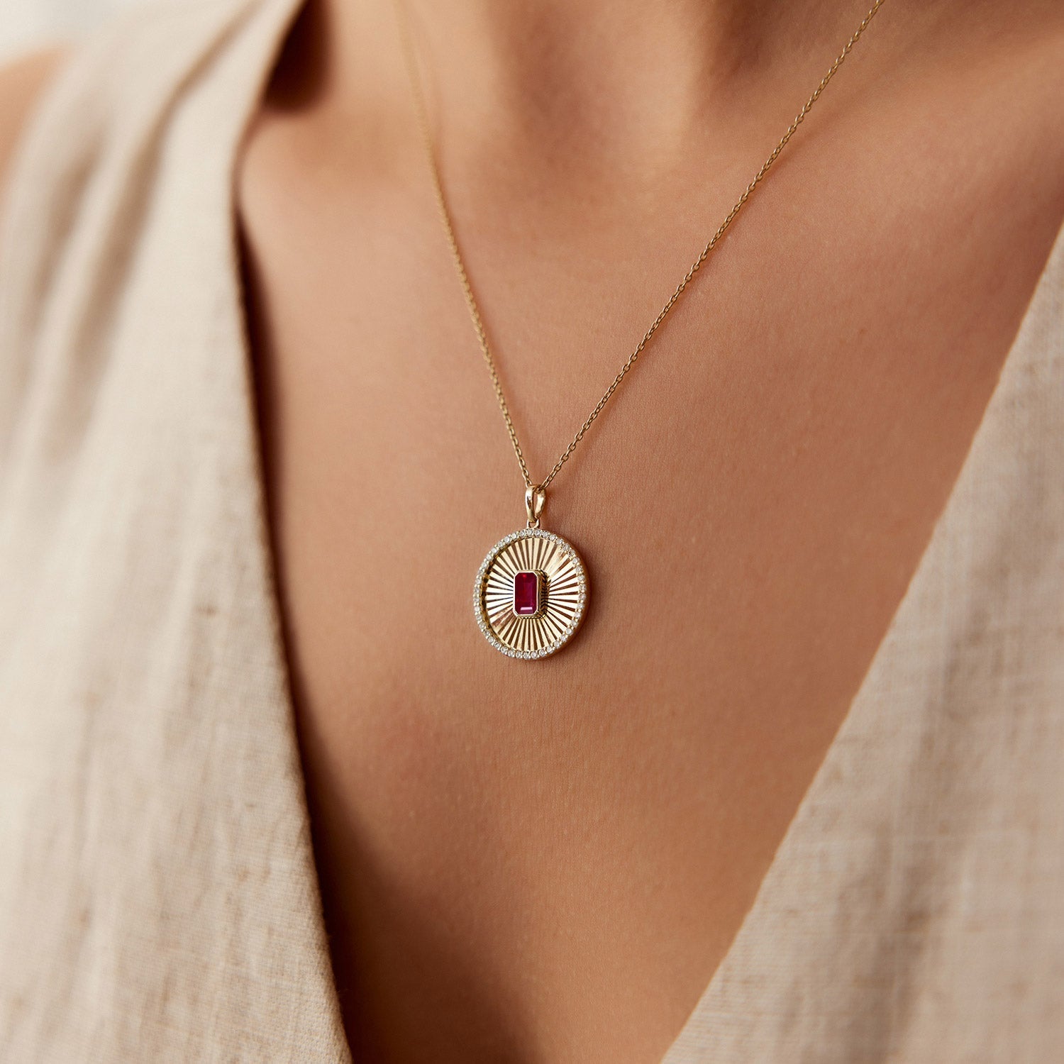14K Ruby and Diamond Medallion Necklace - GeumJewels