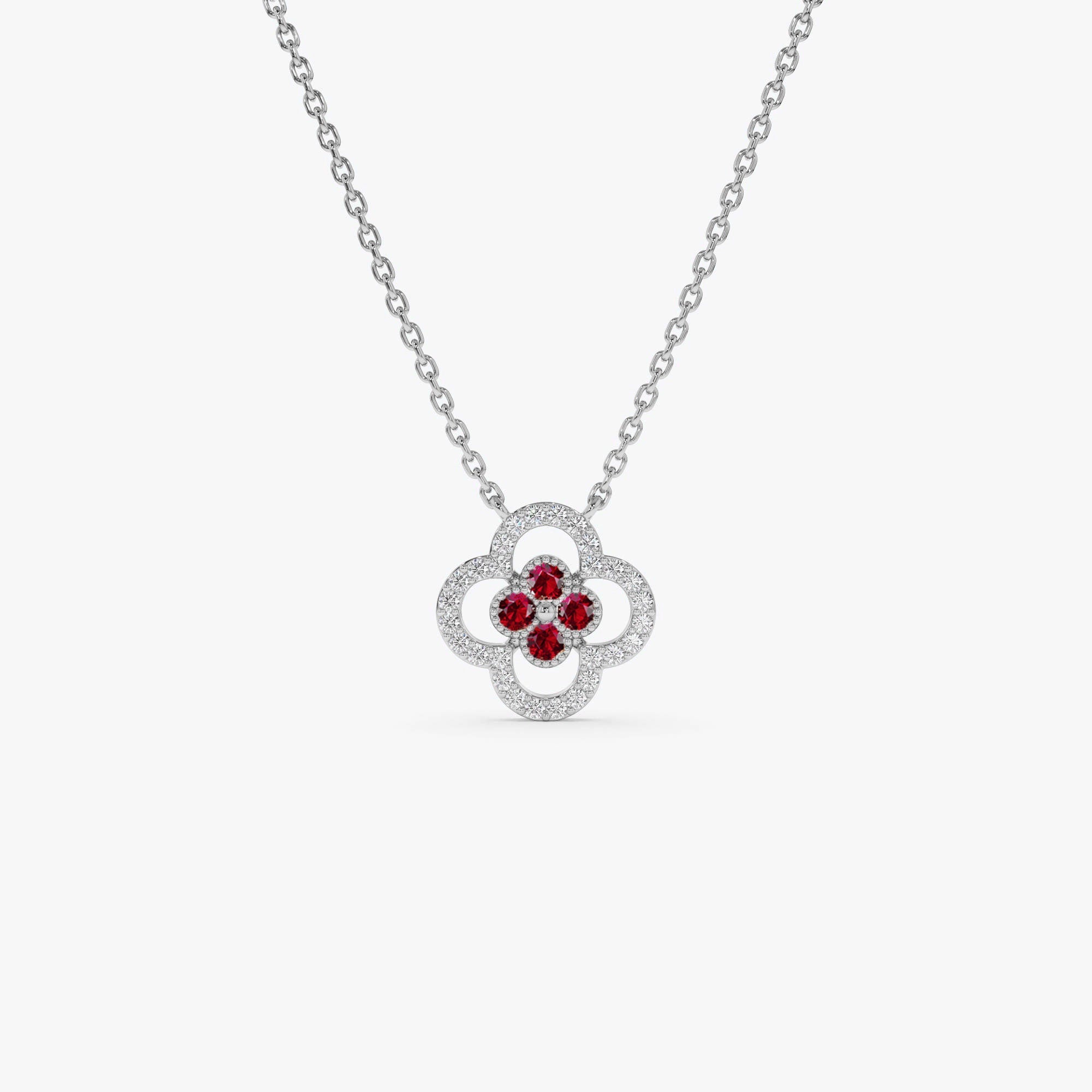 14k Ruby Clover Necklace in Halo Setting - GeumJewels